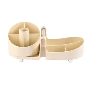 Modern beige rotating makeup brush organizer and multi-grid cosmetics storage rack