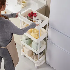 4-tier white plastic rolling cart for kitchen or bathroom storage with wheels and handles