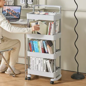 Modern 4-tier white rolling utility cart for office book storage shown in a home setting