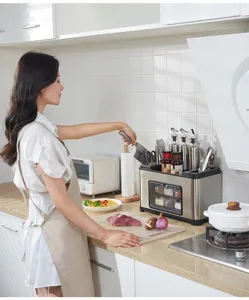 Multifunctional stainless steel spice rack with knife storage in a modern kitchen scene
