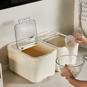 Récipient À Riz De Cuisine Style Crème Grande Capacité Boîte De Rangement De Grain Scellée De Qualité Alimentaire Avec Cadran De Date Et Tasse À Mesurer