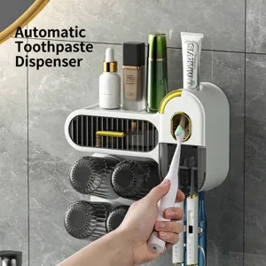Wall-mounted toothbrush holder set with automatic toothpaste dispenser and 4 storage cups.