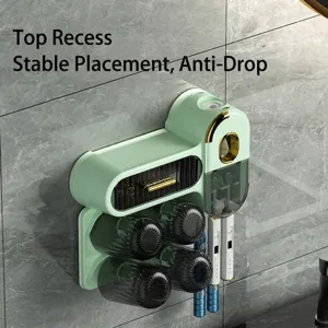 Wall-mounted toothbrush holder set with toothpaste dispenser and 4 cups for bathroom