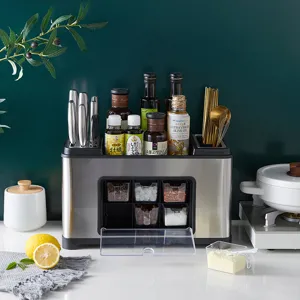 Stainless Steel Multi-functional Kitchen Seasoning Rack Countertop Knife Holder Spice Organizer Box With Cutlery Cage Drainboard Silver Black Green