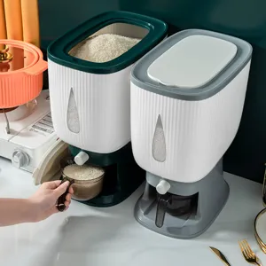 Distributeur de riz scellé grande capacité avec bouton poussoir et tasse à mesurer incluse.