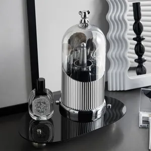 Lichte Luxe Stofdichte Make-up Borstel Opbergdoos Met Deksel Beer Handvat Roterende Verticale Streep Desktop Cosmetische Organizer
