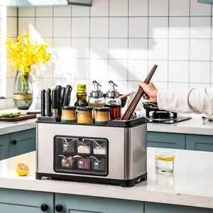 Modern stainless steel kitchen organizer rack with knife holder and 6-grid spice box