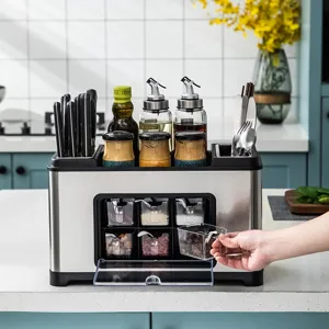 Multi-functional stainless steel kitchen spice rack organizer with knife holder and drawers