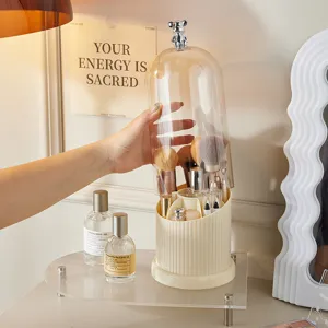 Luxe crèmekleurige stofvrije make-up borstel organizer met transparant deksel en beertje
