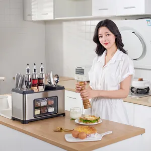 Multifunctional stainless steel kitchen organizer rack with spice jars and knife holder