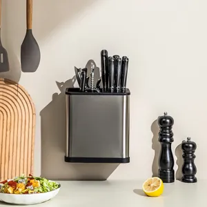 Wall-mounted stainless steel knife block organizer for modern kitchen storage