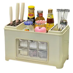 Multifunctional beige kitchen spice rack with 6 drawers, knife holder, and chopstick cage