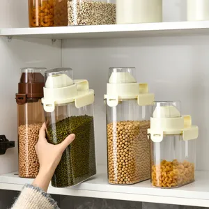 Airtight plastic food storage containers for kitchen grains with measuring cup lids