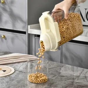 Sealed plastic cereal storage container for rice and grains being poured into jar