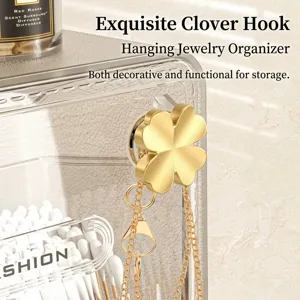 Organizador de maquillaje de pared con gancho decorativo de trébol dorado para joyas
