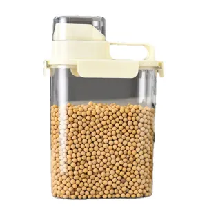 Airtight plastic cereal storage container with measuring cup and handle for grains