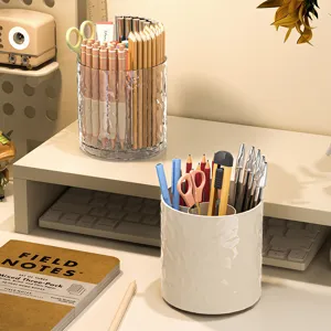 Rotatable round desktop storage tube for stationery and makeup brushes in cream finish