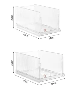 Detail showing sizes of transparent stackable closet storage bins in two widths
