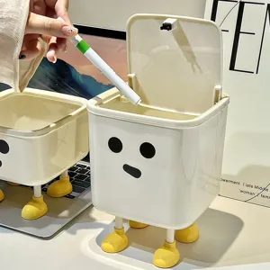 Cute cream desktop trash can with legs and cartoon face for creative office storage