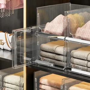 Transparent stackable wardrobe storage bins for folded clothes