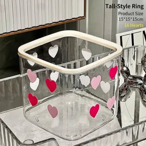 Detailed view of heart pattern desktop storage box measuring 15x15x15cm with 16 hearts