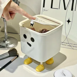 Creative Cute Cartoon Desktop Storage Box Mini Trash Can With Lid Decorative Feet Creamy White Jewelry Stationery Organizer