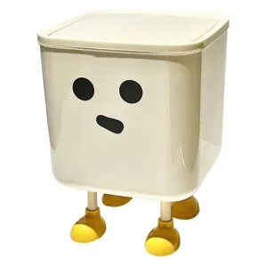 Adorable cream-colored desktop trash can featuring a cartoon face and yellow boots