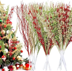Vista detallada de 36 ramas de bayas de purpurina navideñas artificiales rojas doradas y verdes.