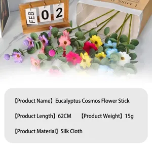 Spécifications détaillées de la branche artificielle d'eucalyptus cosmos en tissu de soie.