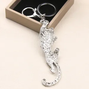 Elegant silver alloy leopard keychain with sparkling rhinestones for bag charm