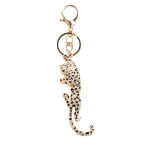 Luxurious gold-tone leopard keychain encrusted with sparkling rhinestones