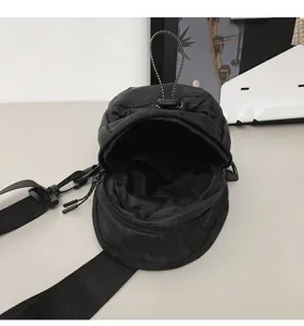 Detailed interior view of a black camo unisex outdoor sports crossbody chest bag.