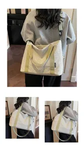 Gran capacidad bolso de viaje de lona a cuadros, bolso de hombro ligero casual para mujer.