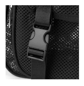 Detail shot of black breathable mesh backpack, showing durable buckle and mesh fabric texture.