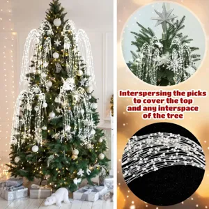 Macro detail of sparkling white willow picks with foam beads decorating a Christmas tree