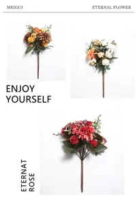 Detail view of artificial dahlia and rose flower bouquet, perfect for home decor and props.