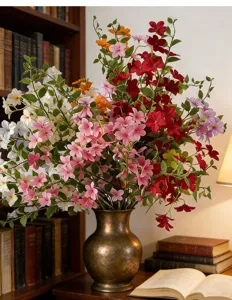 Detail view of colorful silk mock orange flowers in a vintage brass vase for home decor.