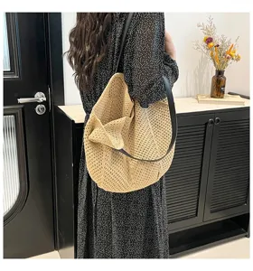 Retro gebreide schoudertas shopper casual strand geweven handtas voor dames dagelijks gebruik