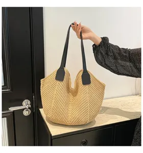 Geweven gebreide shopper tas voor dames, retro schoudertas met handvatten voor strand.