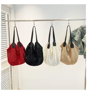 Retro gebreide shopper voor dames casual katoenen mesh schoudertas strand handtas