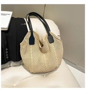 Vintage geweven katoenen schoudertas voor dames, casual strand vakantie gebreide tas.