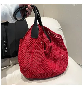Rode gehaakte gebreide tote tas dames vintage schoudertas voor dagelijks strand vakantie