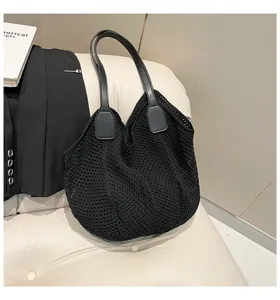 Zwarte katoenen gebreide shopper, retro casual schoudertas voor dagelijks gebruik en strandvakantie.