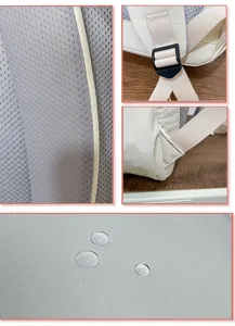 Detail view of casual backpack with breathable mesh back, adjustable straps and waterproof fabric.