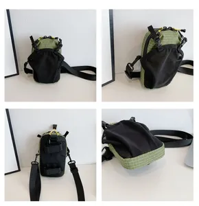 Detailed four-angle view of a green grid waterproof tactical outdoor shoulder bag