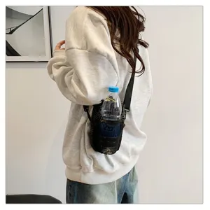 Detail of waterproof outdoor water bottle pouch with drawstring closure on shoulder strap