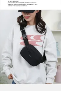 Minimalist black crossbody chest bag for men and women worn by model for outdoor travel