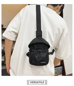 Detail view of black outdoor chest bag with LINGRUI patch and drawcord