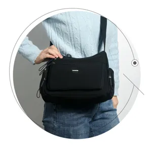 Black nylon multi-pocket shoulder bag casual crossbody handbag for women daily commuting travel