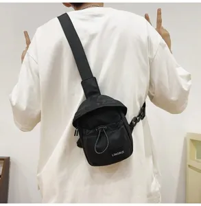 Black nylon chest bag with adjustable strap and LINGRUI brand label on a model's back.
